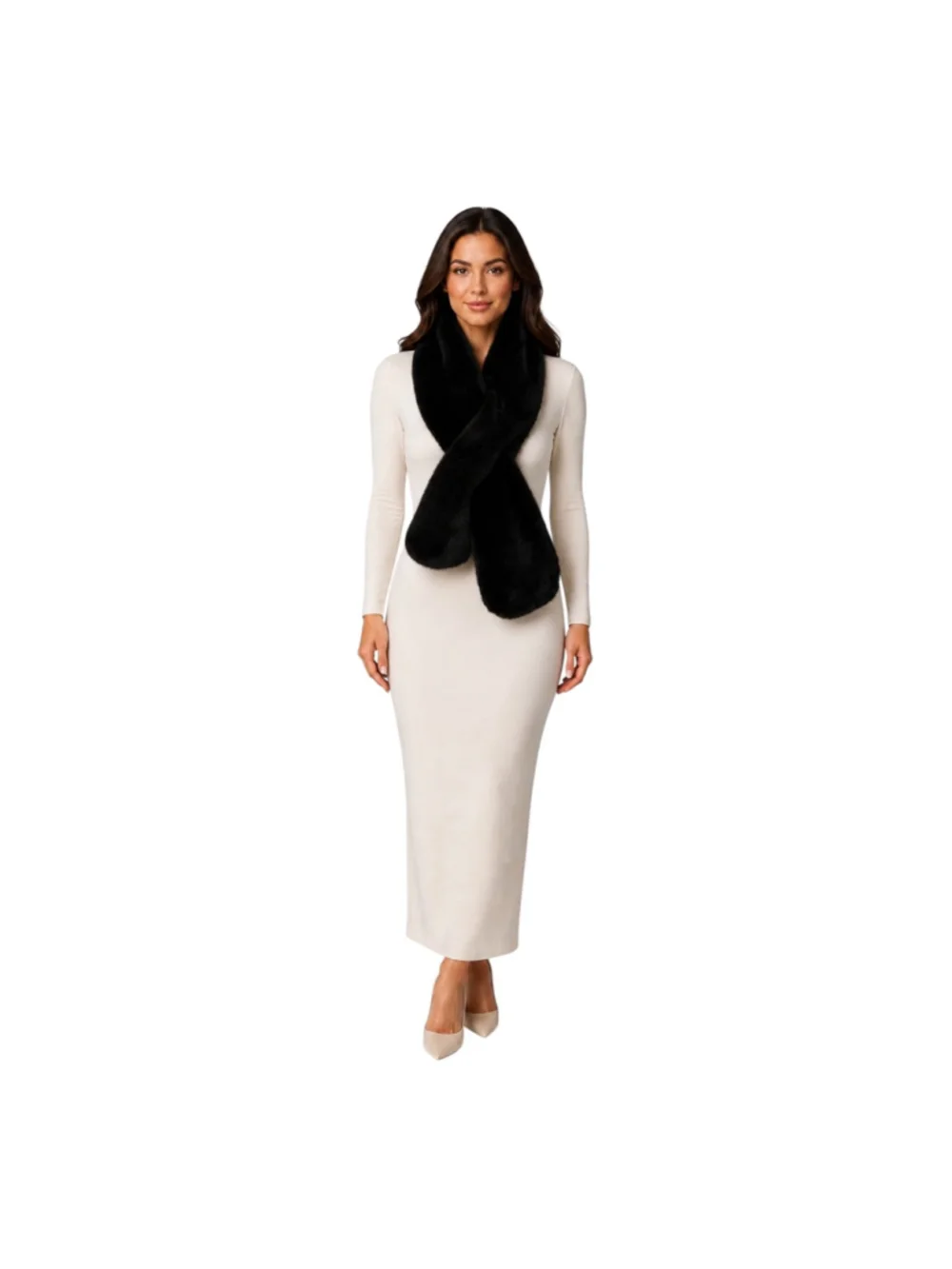 Black Plush Faux Fur Pull-Through Scarf Elegant Winter Wrap